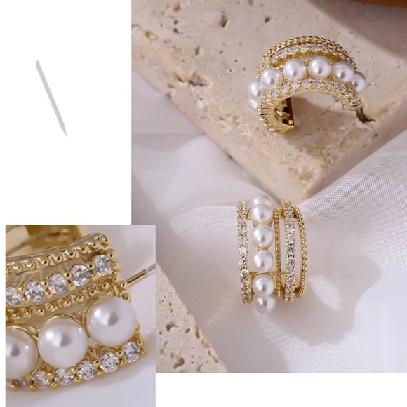 NEW 18K Gold Plated Pearl Diamond Hoop Earrings - Picture 5 of 7